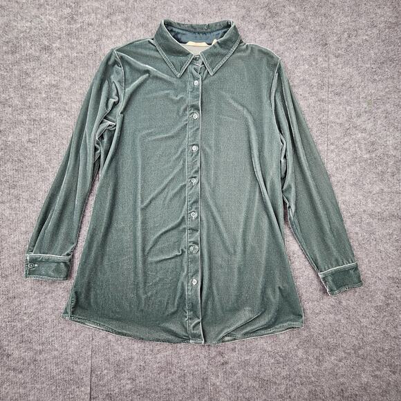 Soft Surroundings Womens Large Velvet Button Down Shirt Boho Retro Teal Layering - Picture 1 of 6